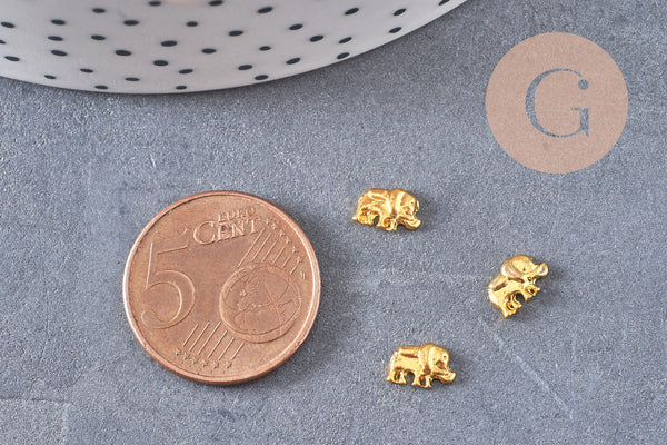Éléphant à coller zamac doré 4x7mm,fournitures à coller pour décorer pierres et bijoux, x3 (G5280)