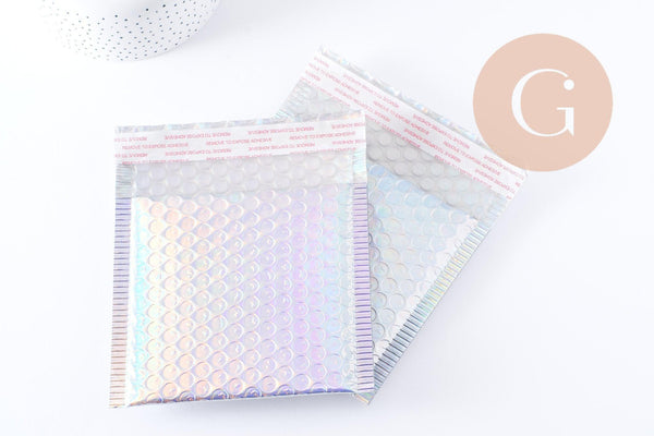 Enveloppes à bulles métallisé argent holographique 15x13cm, x8 (G10063)