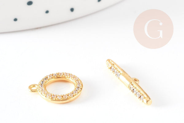 Fermoir T laiton doré 18k cristaux zircon 14mm, x1 (G5319)