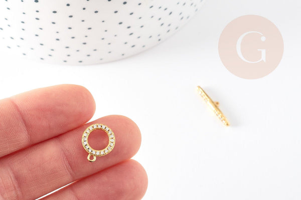 Fermoir T laiton doré 18k cristaux zircon 14mm, x1 (G5319)