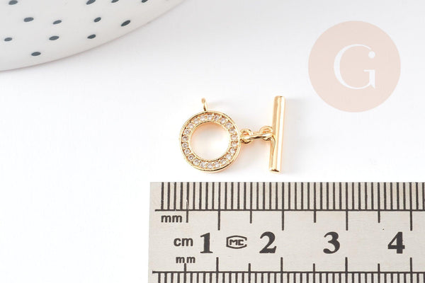 Fermoir T laiton doré 18k cristaux zircon 18mm, x1 (G5302)