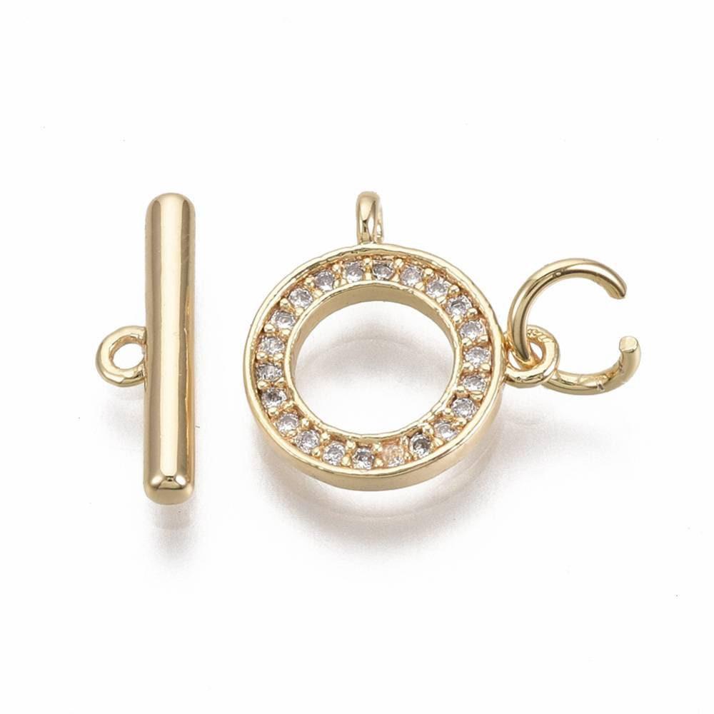 Fermoir T laiton doré 18k cristaux zircon 18mm, x1 (G5302)