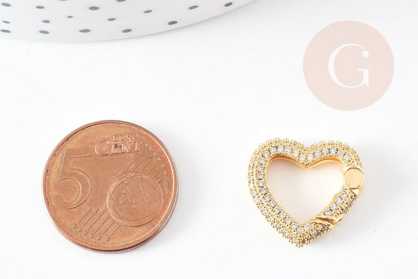 Fermoir à clapet coeur laiton doré et strass 18mm, x1 (G5243)