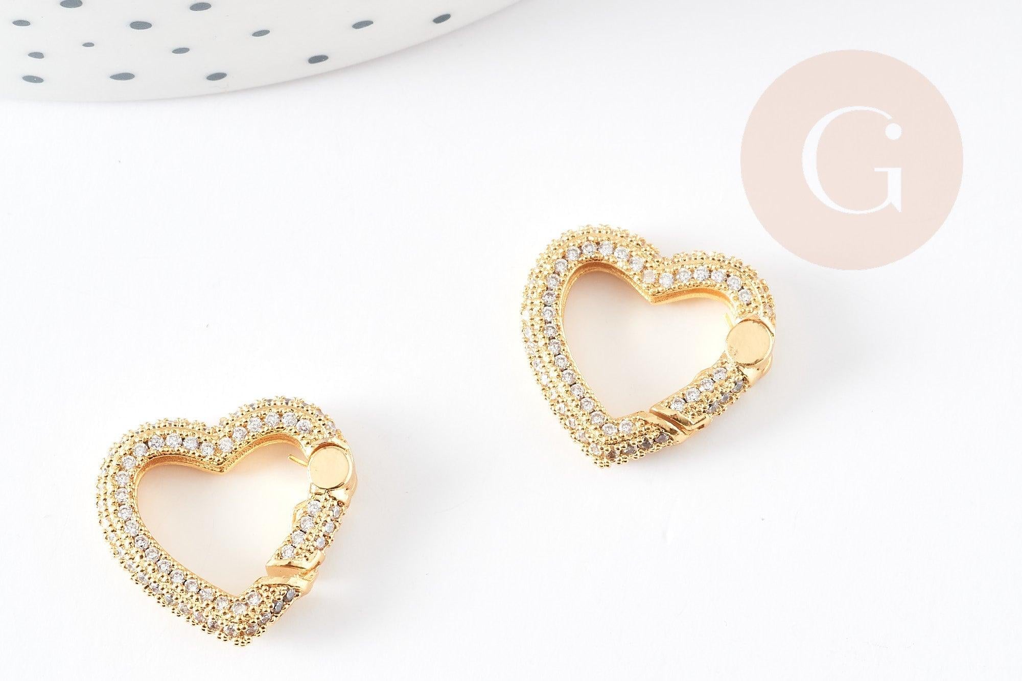 Fermoir à clapet coeur laiton doré et strass 18mm, x1 (G5243)