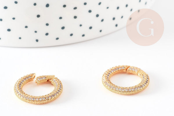 Fermoir à clapet rond laiton doré 16k zircon blanc 21mm, x1 (G6670)