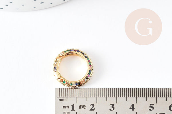 Fermoir à clapet rond laiton doré 16k zircon multicolore 21mm, x1 (G5641)