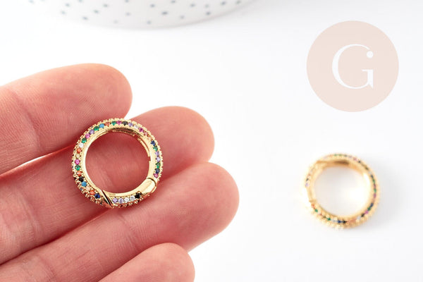 Fermoir à clapet rond laiton doré 16k zircon multicolore 21mm, x1 (G5641)