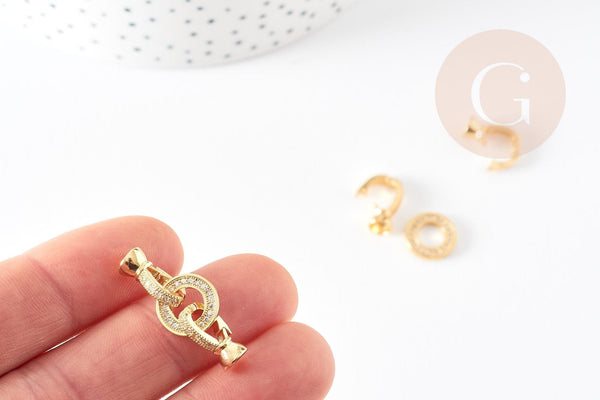 Fermoir à clipser anneaux laiton doré et strass 27mm, x1 (G2943)