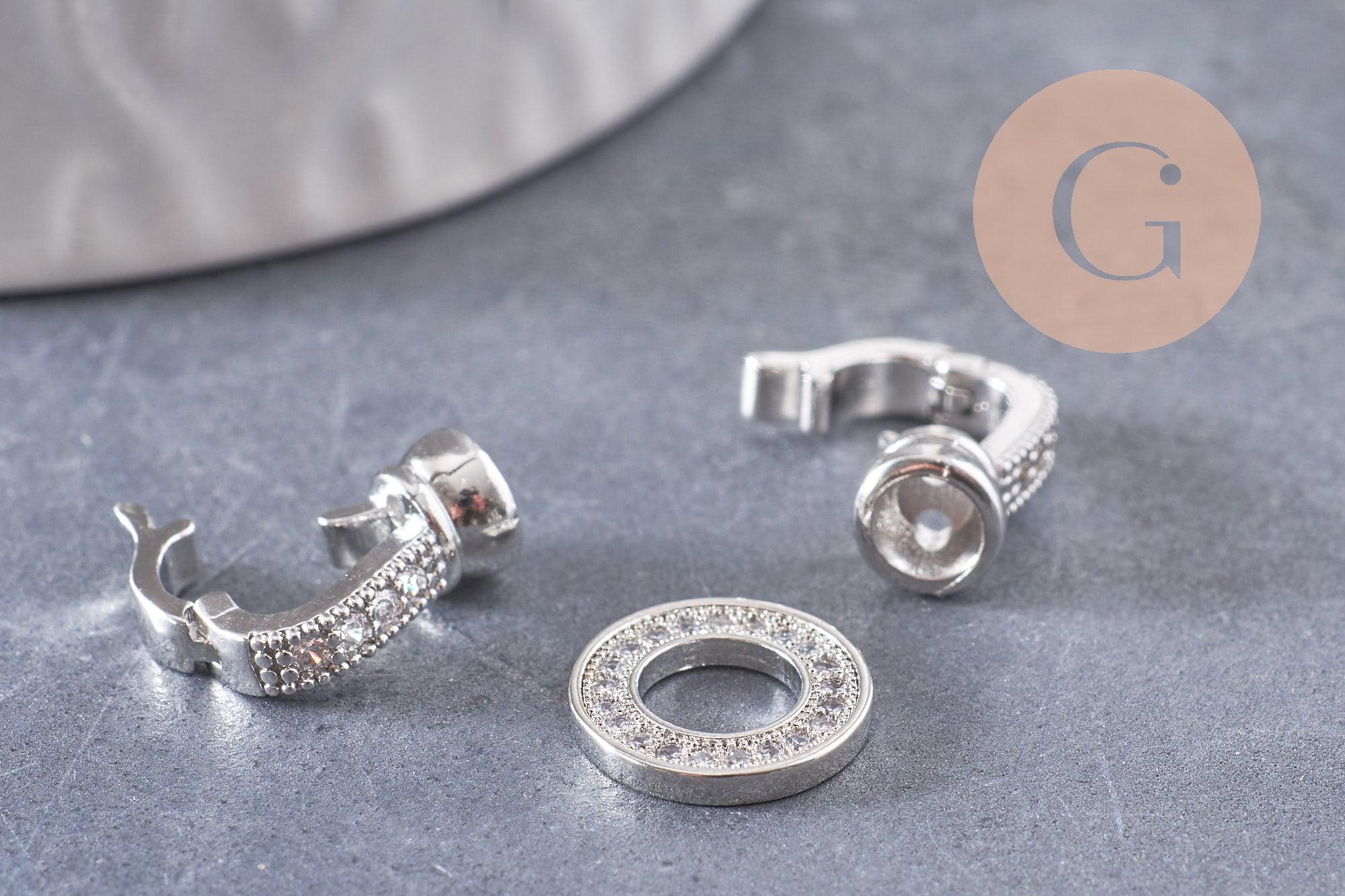 Fermoir à clipser anneaux laiton platine et strass 27mm, x1 (G5316)