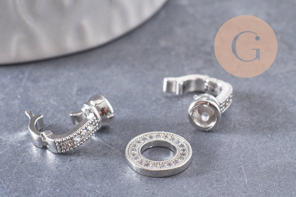Fermoir à clipser anneaux laiton platine et strass 27mm, x1 (G5316)