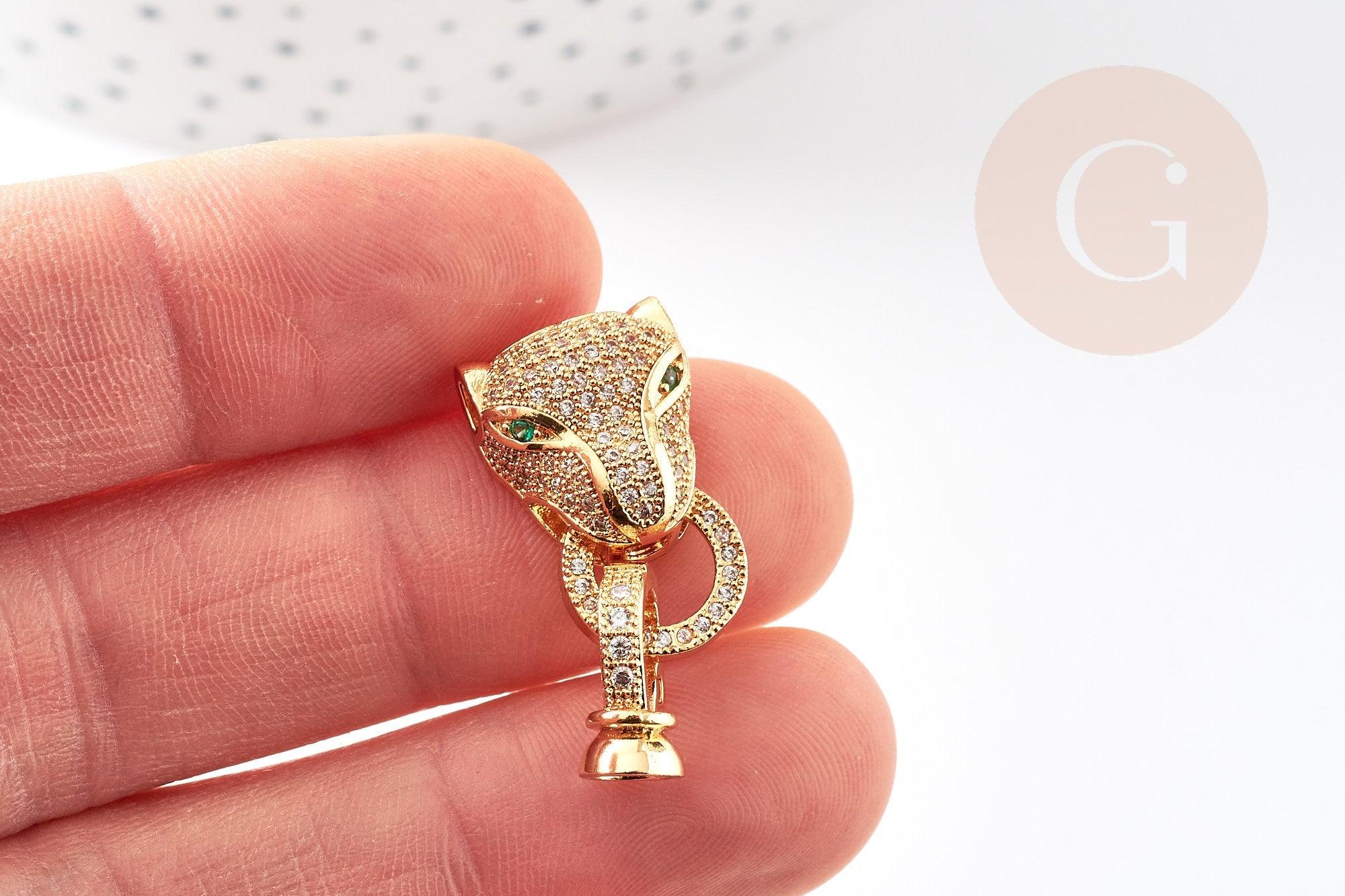 Fermoir à clipser léopard laiton doré et strass 31mm, x1 (G4066)
