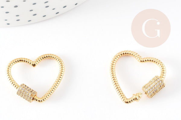 Fermoir à vis coeur laiton doré et strass 24mm, x1 (G3426)