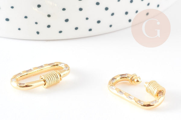 Fermoir ovale à vis laiton doré 18k zircons blanc 23.5mm, x1 (G5338)