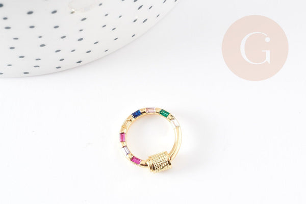 Fermoir rond à vis laiton doré 18k strass coloré 18mm, x1 (G5853)