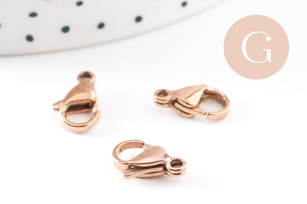 Fermoirs mousquetons acier 304 inoxydable or rose IP 13mm, x5 (G10893)