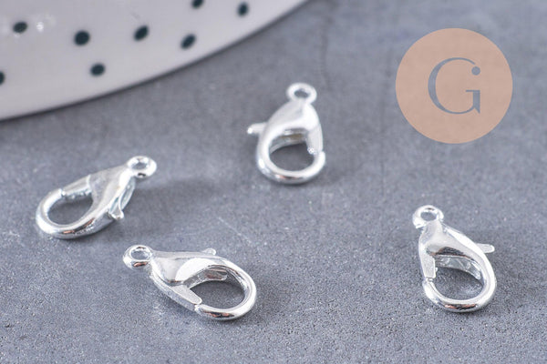 Fermoirs mousquetons zamac argentés 12mm, x20 (G1041)