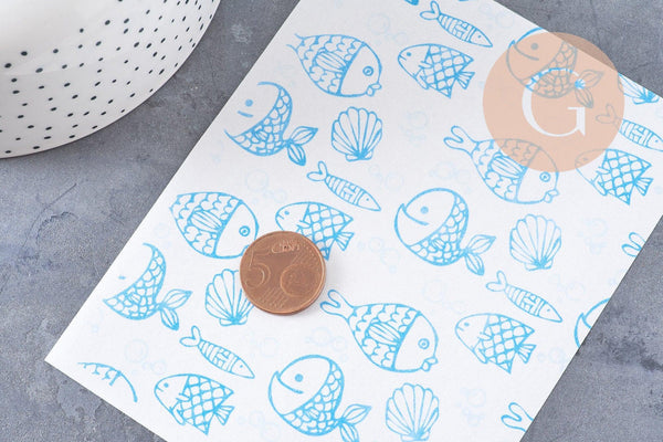 Feuille de transfert polymère – Gros poissons & coquillages turquoise 14x10 cm, x1 (G10773)