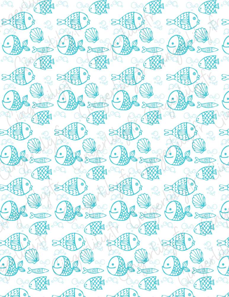 Feuille de transfert polymère – Gros poissons & coquillages turquoise 14x10 cm, x1 (G10773)