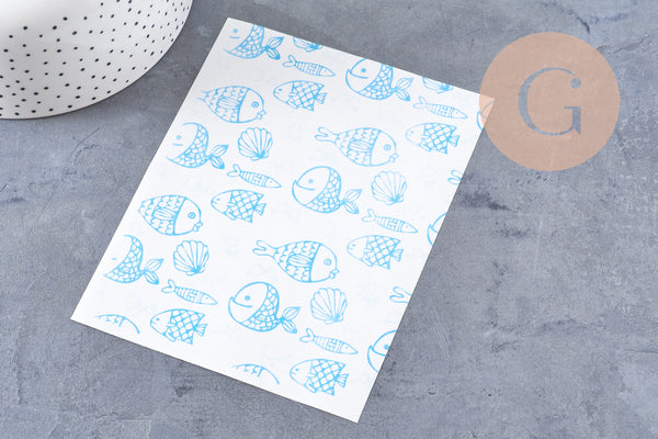 Feuille de transfert polymère – Gros poissons & coquillages turquoise 14x10 cm, x1 (G10773)