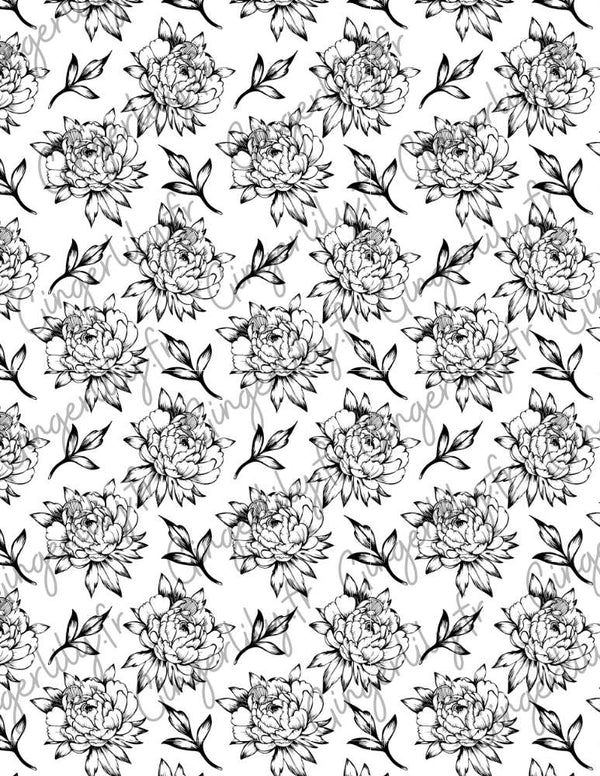 Feuille de transfert polymère – Pivoines Noir & blanc 14x10 cm, x1 (G10762)