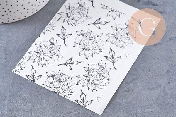 Feuille de transfert polymère – Pivoines Noir & blanc 14x10 cm, x1 (G10762)
