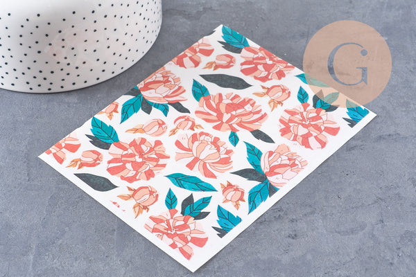 Feuille de transfert polymère – Pivoines stylisées 14x10 cm, x1 (G10763)