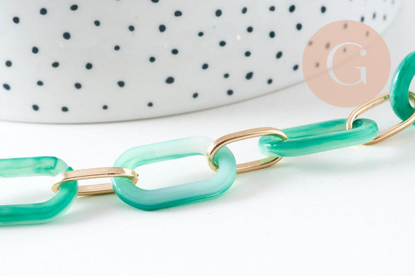 Grosse Chaine ronde écaille acrylique vert et aluminium doré texturé,perle acétate, chaine plastique,18.5mm, x1 mètre (G3365)