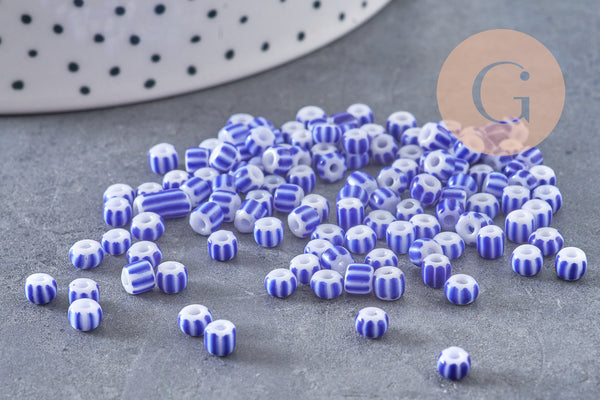 Grosse Perle rocaille rayé bleu blanc 3-4.5mm, x10gr (G9280)