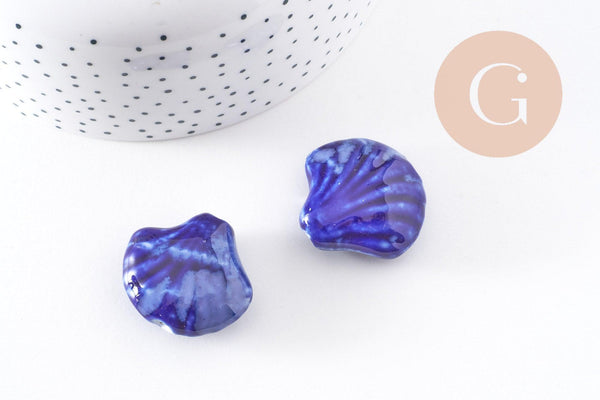 Grosse perle porcelaine bleu foncé coquillage, perle céramique géométrique fabrication en céramique, 29-33mm, x2 (G5377)