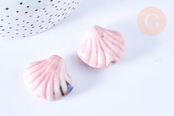 Grosse perle porcelaine rose coquillage 29-33mm, x2 (G5385)