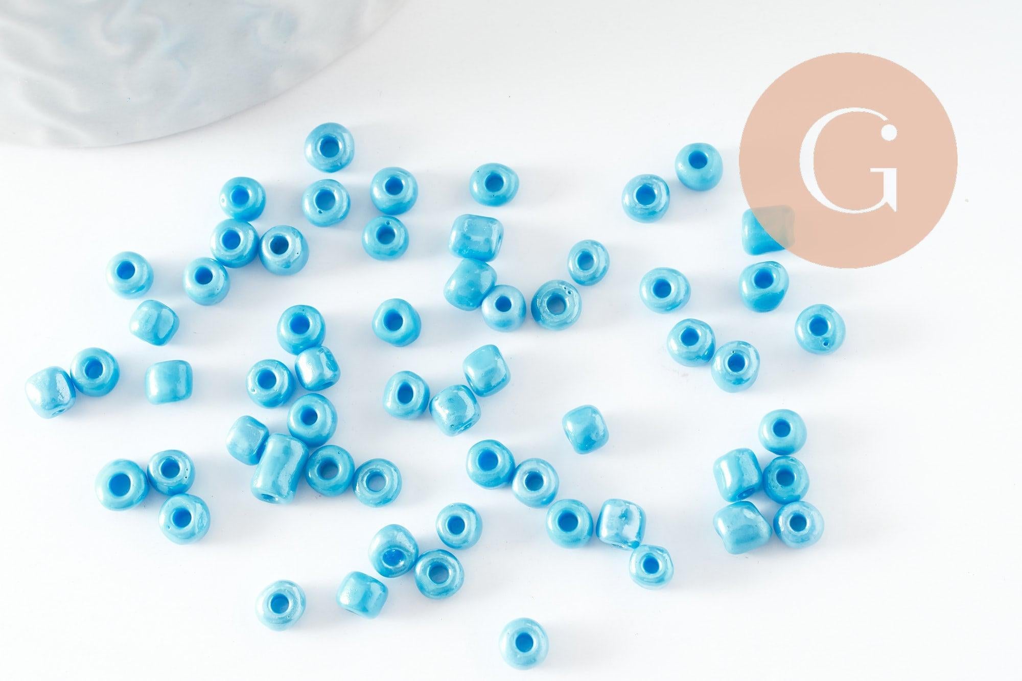 Grosses perles rocaille bleu nacré 4mm, perles création bijoux enfants et vacances, x10 Gr (G9630)