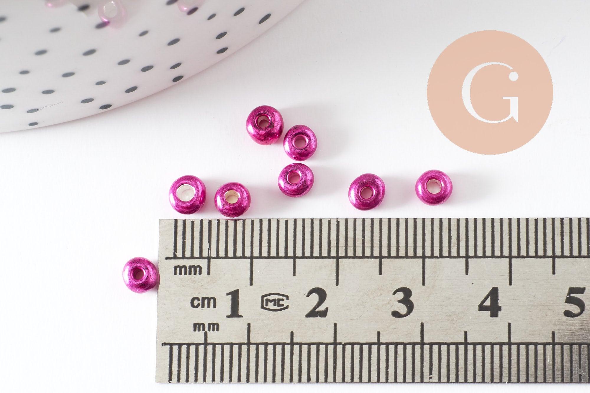 Grosses perles rocaille rose fuchsia métallisé 4mm,perles rocaille rose fushia nacré, x10 Gr (G9632)