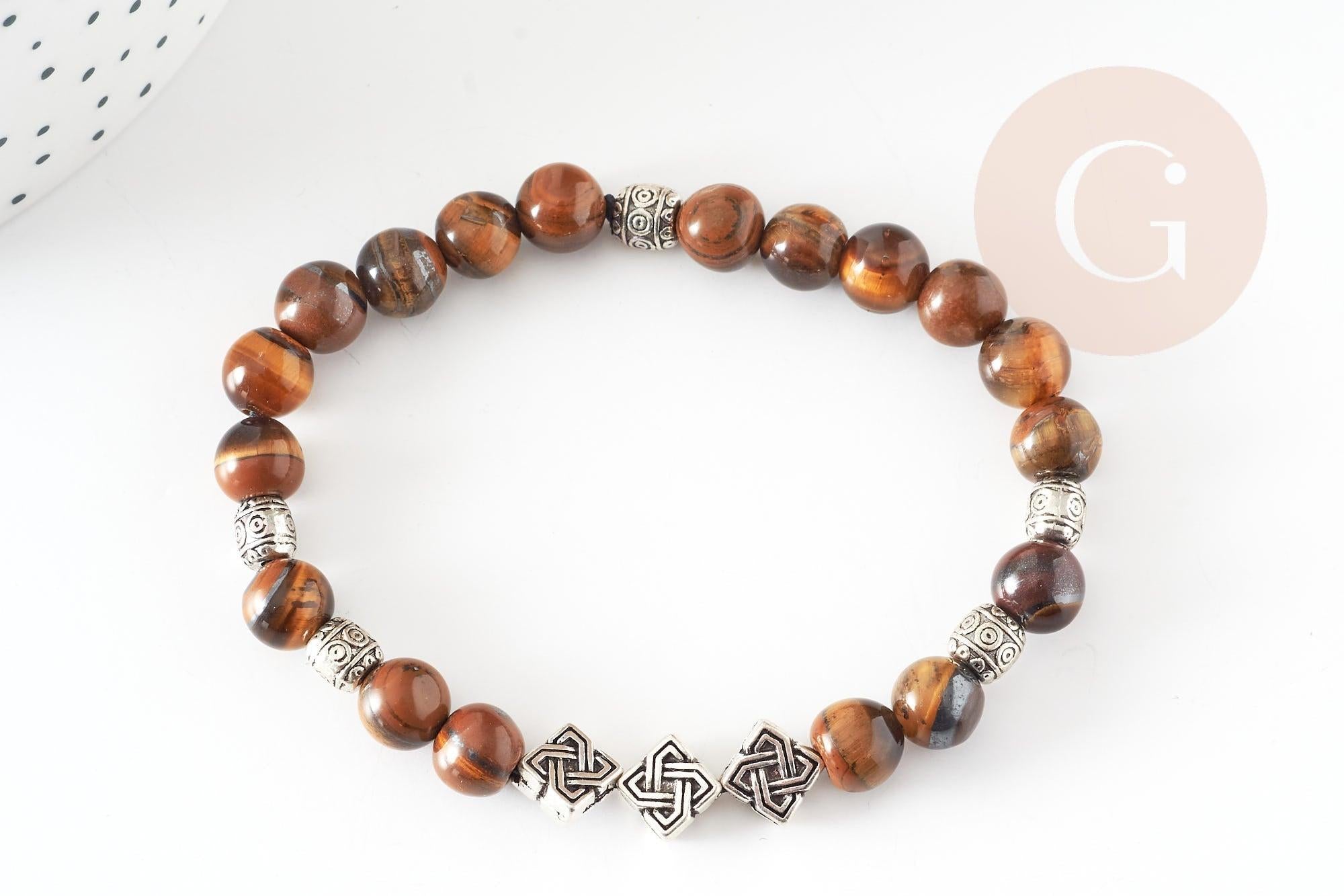 Kit Bracelet pour Homme Oeil de tigre naturel zamac argenté LEILO, pochette 1 bracelet (G9176)