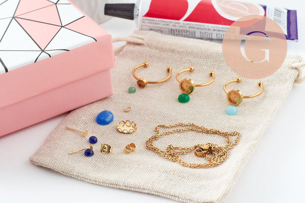 Kit parure de bijoux cabochon pierre naturelle, Coffrets et kits pour la création de bijoux fantaisie DIY, x1 (G9557)