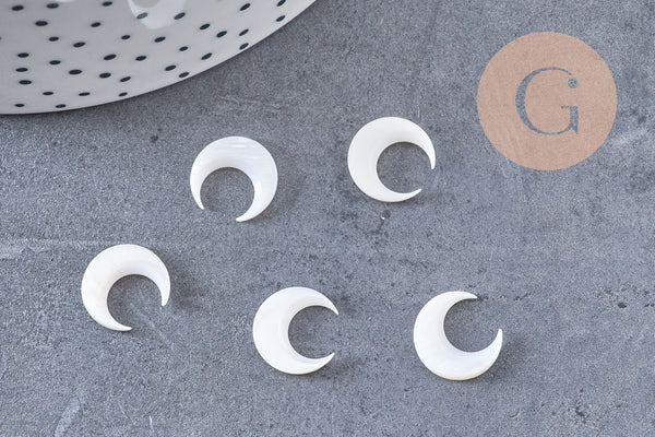 Lune nacre blanche naturelle,pendentif lune,coquillage blanc,corne percée,création bijoux,Pendentif nacre,13x12mm, les 2 (G3253)