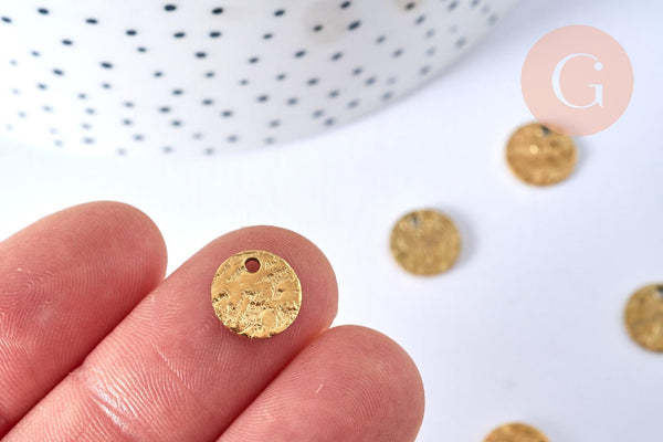 Médaille ronde dorée acier inoxydable texturé, une jolie médaille dorée pour créer vos bijoux, 10.5mm, x10 G6771