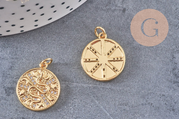 Médaille serpent laiton doré 18k cristal,sans nickel,pendentif animal, Pendentif zircon,18.5mm, x1 G5518