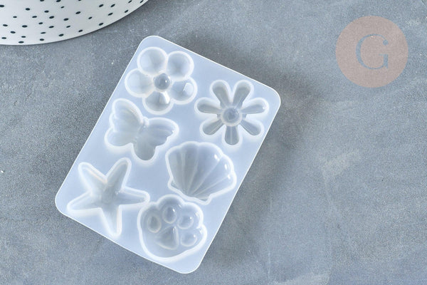 Moule pour fabrication bijoux formes fleurs coquillages résine 67x50x6mm, x1 G7996