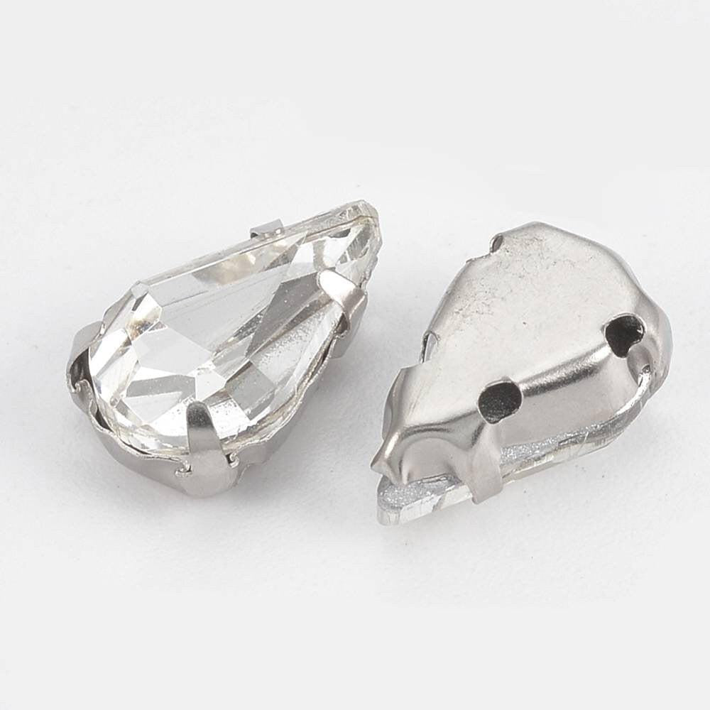 Cabochon goutte cristal transparent métal platine à coudre 6x10mm, x5 (G0021)