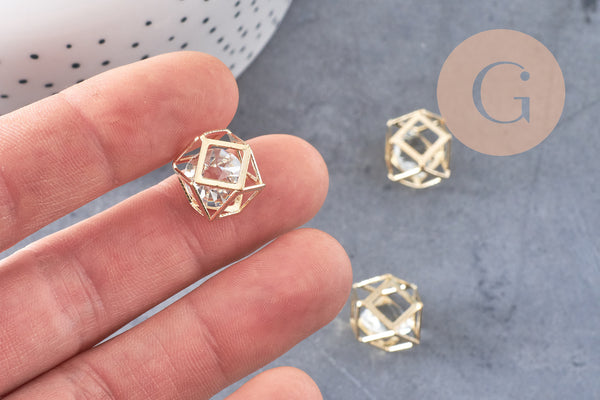 Pendentif 3D connecteur hexagone doré cristal transparent facettes,pendentif cage cristal doré,création bijoux,17mm, x2 G3706