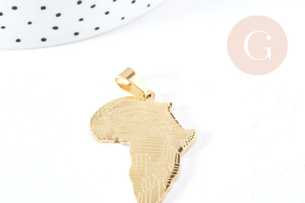 Pendentif Afrique acier 304 inoxydable doré 37.5mm, x1 (G8718)