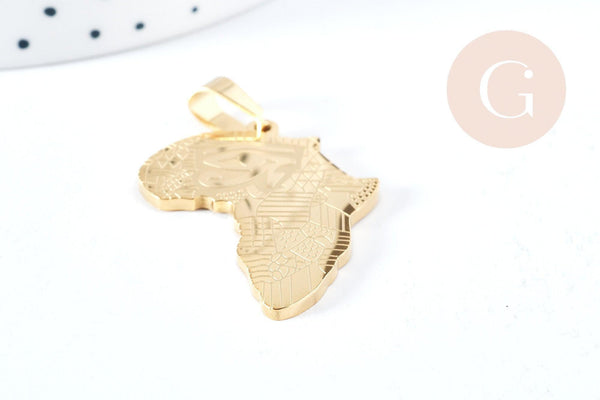 Pendentif Afrique acier 304 inoxydable doré 37.5mm, x1 (G8718)