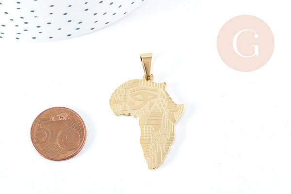 Pendentif Afrique acier 304 inoxydable doré 37.5mm, x1 (G8718)