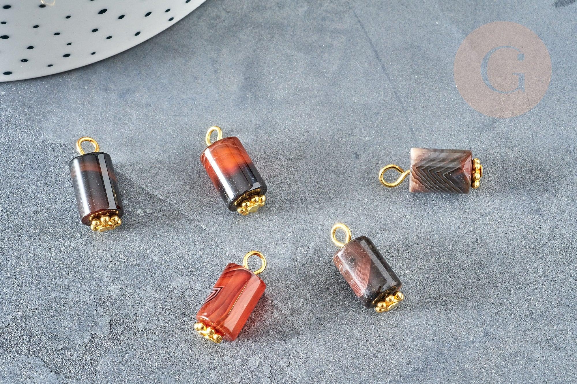 Pendentif Agate naturelle marron colonne fer doré 17.5mm, pierre naturelle, x1 (G8332)