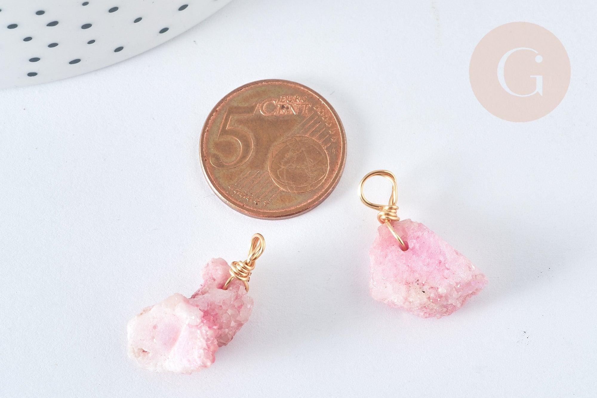 Pendentif Agate teintée naturelle nugget brute rose fer doré 13~32mm, pierre naturelle,x1 (G7584)