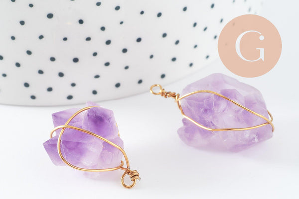 Pendentif Améthyste naturelle pierre brute acier 304 inoxydable doré IP 20~30mm, x1 (G9600)