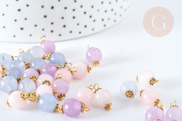 Pendentif Boule Pierre naturelle laiton doré 14,5mm, pierre véritable, x1 (G7651)