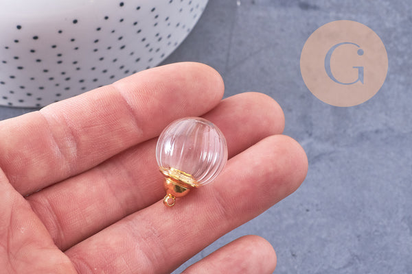 Pendentif Bouteille bulle en verre et bouchon en laiton doré 27mm, x1 (G10617)