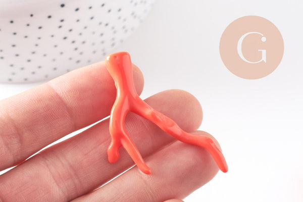 Pendentif Branche forme corail plastique orange 46-48mm, x2 (G10491)