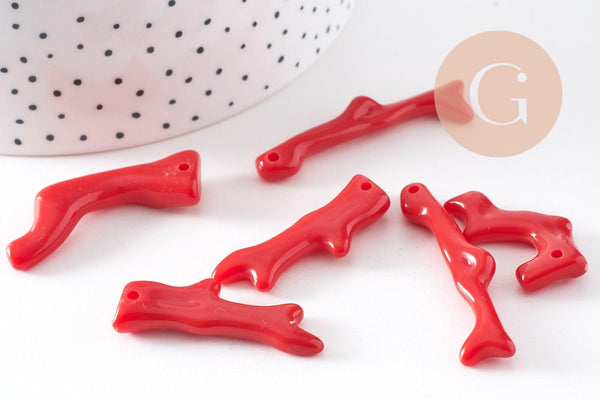 Pendentif Branche forme corail plastique rouge 27-47mm, x5 (G10490)